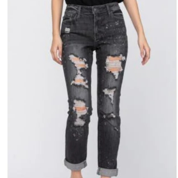 Judy Blue Black Boyfriend Jeans Bleach Spatter Mid Rise 8867 - Picture 3 of 10